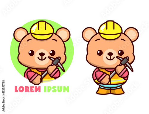 CUTE BROWN BEAR IN WORKER UNIFORM AND BRINGING A PICKAXE AND WEARING YELLOW HELMET. HIGH QUALITY CARTOON MASCOT DESIGN.
