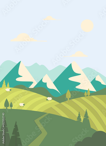 Mountain landscape in flat style with fields  trees and sheep.