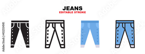Jeans icon set with different styles. Icons designed in filled, outline, flat, glyph and line colored. Editable stroke and pixel perfect. Can be used for web, mobile, ui and more.
