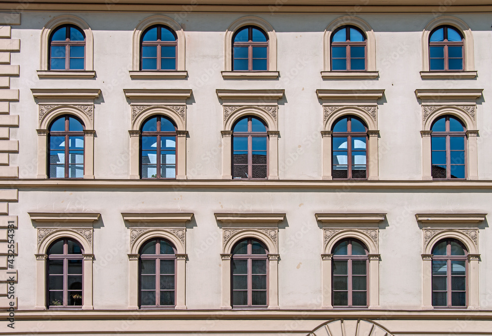 Facade of Old Building from XIX Century and rebuilt after II World War. Munich, Germany, May 2014