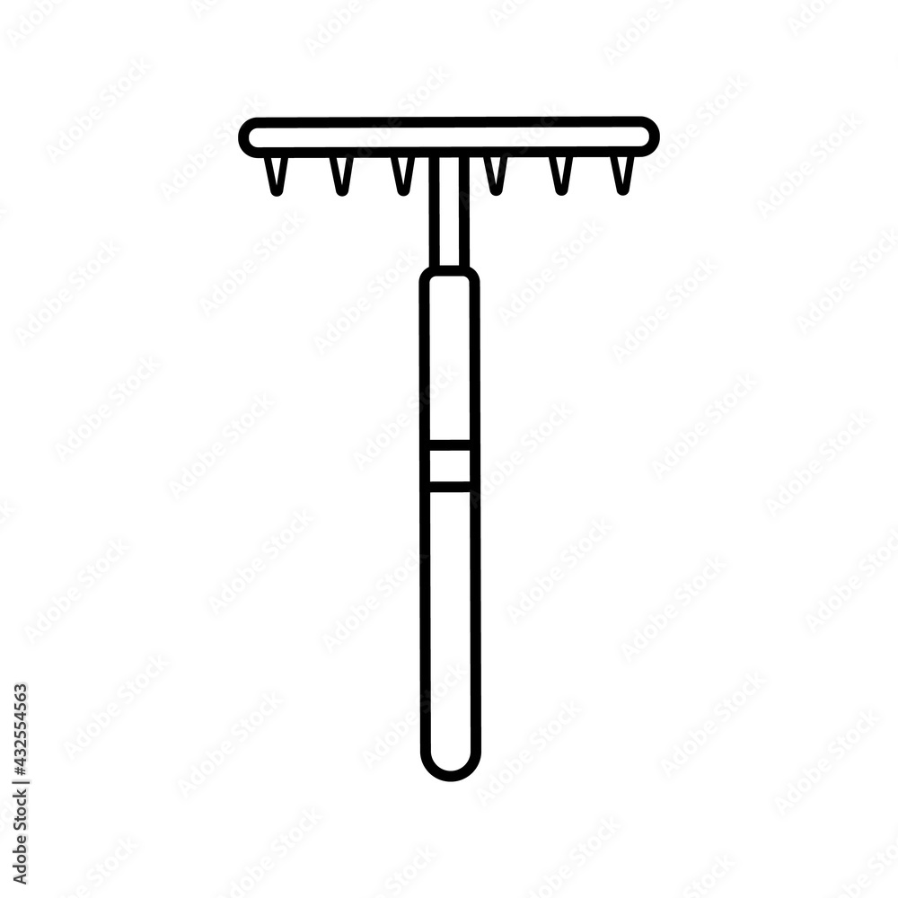 Garden rake, simple icon isolated on white background. Garden tools, household plot, agricultural work. Gardening, housekeeping. Template, logo for banners, websites and printing. Vector illustration Garden rake, simple icon isolated on white background. Garden tools, household plot, agricultural work. Gardening, housekeeping. Template, logo for banners, websites and printing. Vector illustration