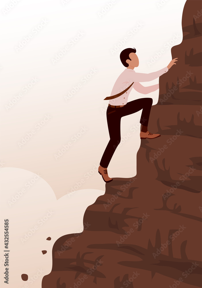 A young brave business man climbs a steep mountain. Career and effort concept. Vector cartoon illustration