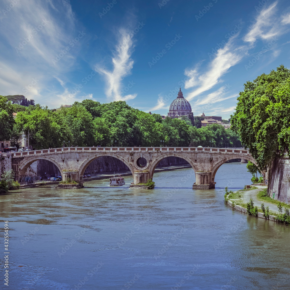 Rome Italy, Tiber river bridge and panoramic city view under impressive sky Rome Italy, Tiber river bridge and panoramic city view under impressive sky