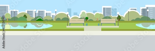 Pond and benches. City park area. Trees, shrubs and lanterns. Beautiful summer cityscape in restrained colors. A place to relax, walk and date. Beautiful background picture. Lawn. Vector.