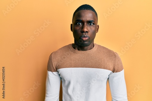 Young african american man wearing casual clothes puffing cheeks with funny face. mouth inflated with air, crazy expression. photo