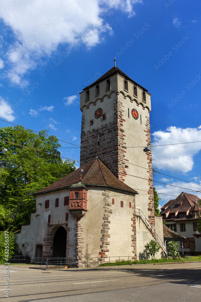 Basel, Switzerland - May 03, 2021: The ancient city Gate of Saint John (Sankt-Johanns-Tor). It is one of the most beautiful old gates in Basel.