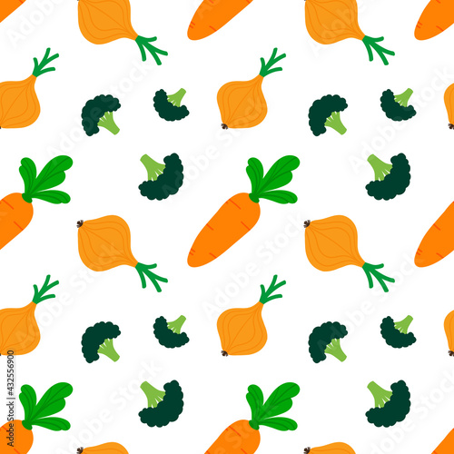 Fresh vegetables cute cartoon style vector seamless pattern background with onion, broccoli, carrot.