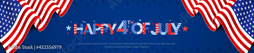 Happy 4th of July USA Independence Day greeting with colorful typography, lettering with on USA, united states of American waving flag and navy blue background with stars. 