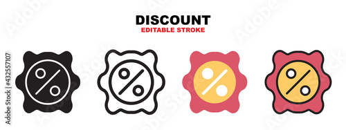 Discount icon set with different styles. Icons designed in filled  outline  flat  glyph and line colored. Editable stroke and pixel perfect. Can be used for web  mobile  ui and more.