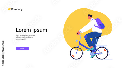 Webpage template with a flat illustration of a male cyclist riding blue folding bike with an abstract yellow shape on the background