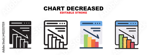 Chart Decreased icon set with different styles. Icons designed in filled, outline, flat, glyph and line colored. Editable stroke and pixel perfect. Can be used for web, mobile, ui and more.