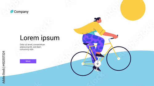 Webpage template with a flat illustration of a female cyclist wearing a yellow shirt riding fixed gear bike under the sun