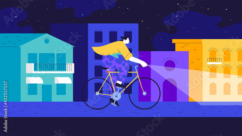 A woman wearing yellow t-shirt riding a fixed gear bicycle on the street of a city in the night under the stars