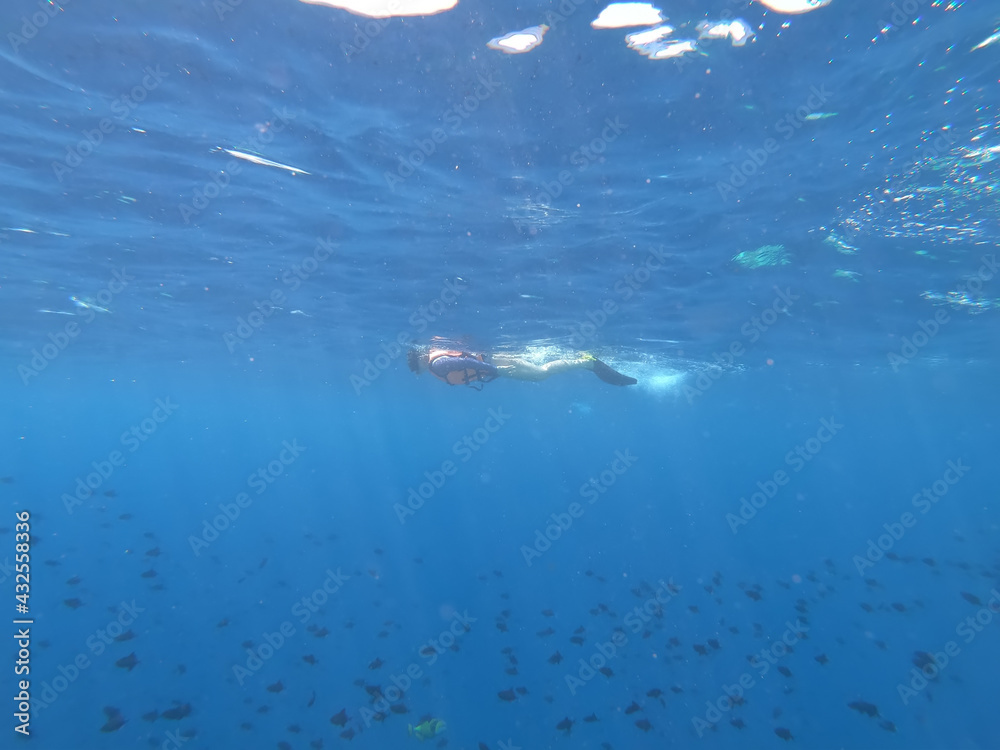 Naklejka premium Silhouette of scuba diver and sunlight in the blue water