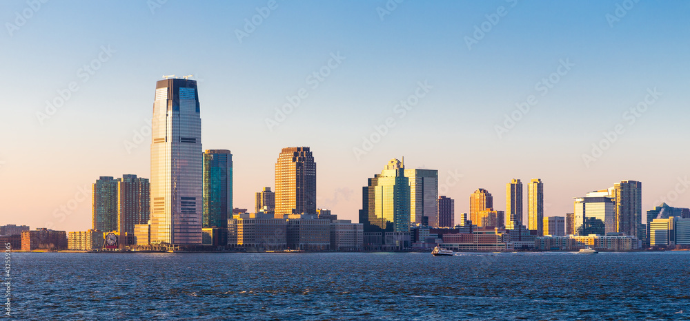 Jersey City, New Jersey, skyline from across New York Harbor.