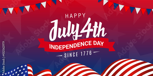 Happy 4th of July, independence day since 1776 design with ribbon on the USA, American waving flag, Star dark colorful background. Vector design.
