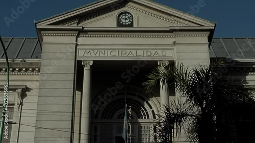 Looking Up at an Antique Clock on Facade of an Old Municipal Building in Tigre, Buenos Aires. Zoom In.