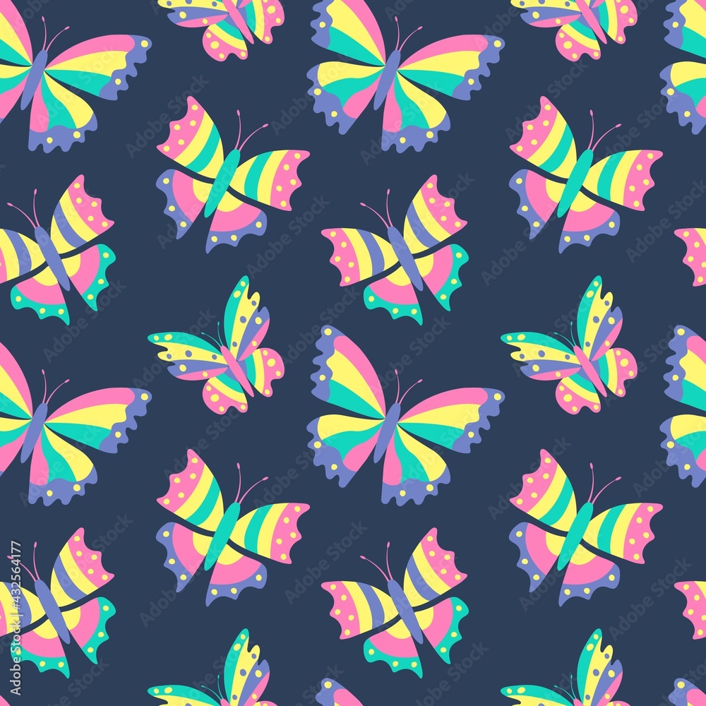 Seamless pattern with multicolored butterflies on a dark background. For the design of paper, wallpaper, textiles. Seamless pattern with multicolored butterflies on a dark background. For the design of paper, wallpaper, textiles.