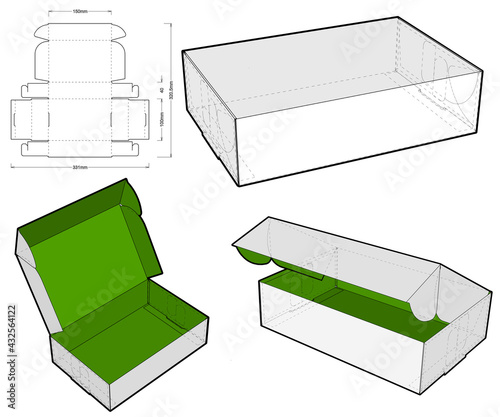 Folding box for sending mail. Ease of assembly, no need for glue (internal measurement of each separator 15x10x4 cm) and Die-cut Pattern. The .eps file is full scale and fully functional.