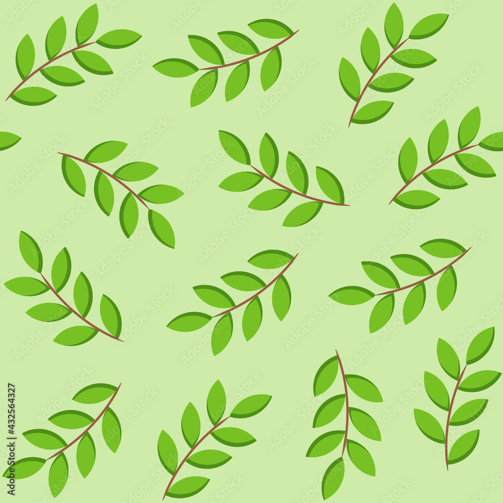 Green foliage seamless pattern. Branches with leaves on light green background. Trendy flat style, floral decoration and backgrounds. Vector illustration