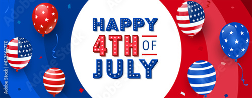 The United States of America happy 4th of July modern trendy design with 3d star lettering, typography design on red and blue circular abstract background.