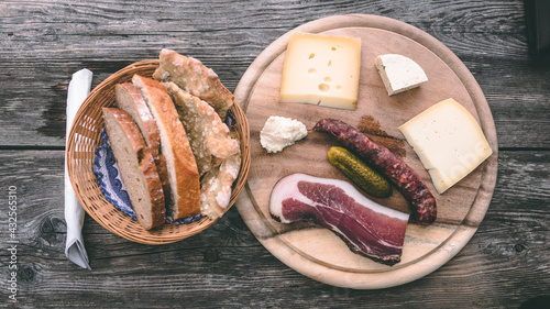 Amazing alpine mountain food - smoked sausage and cheese. Italian mountain food