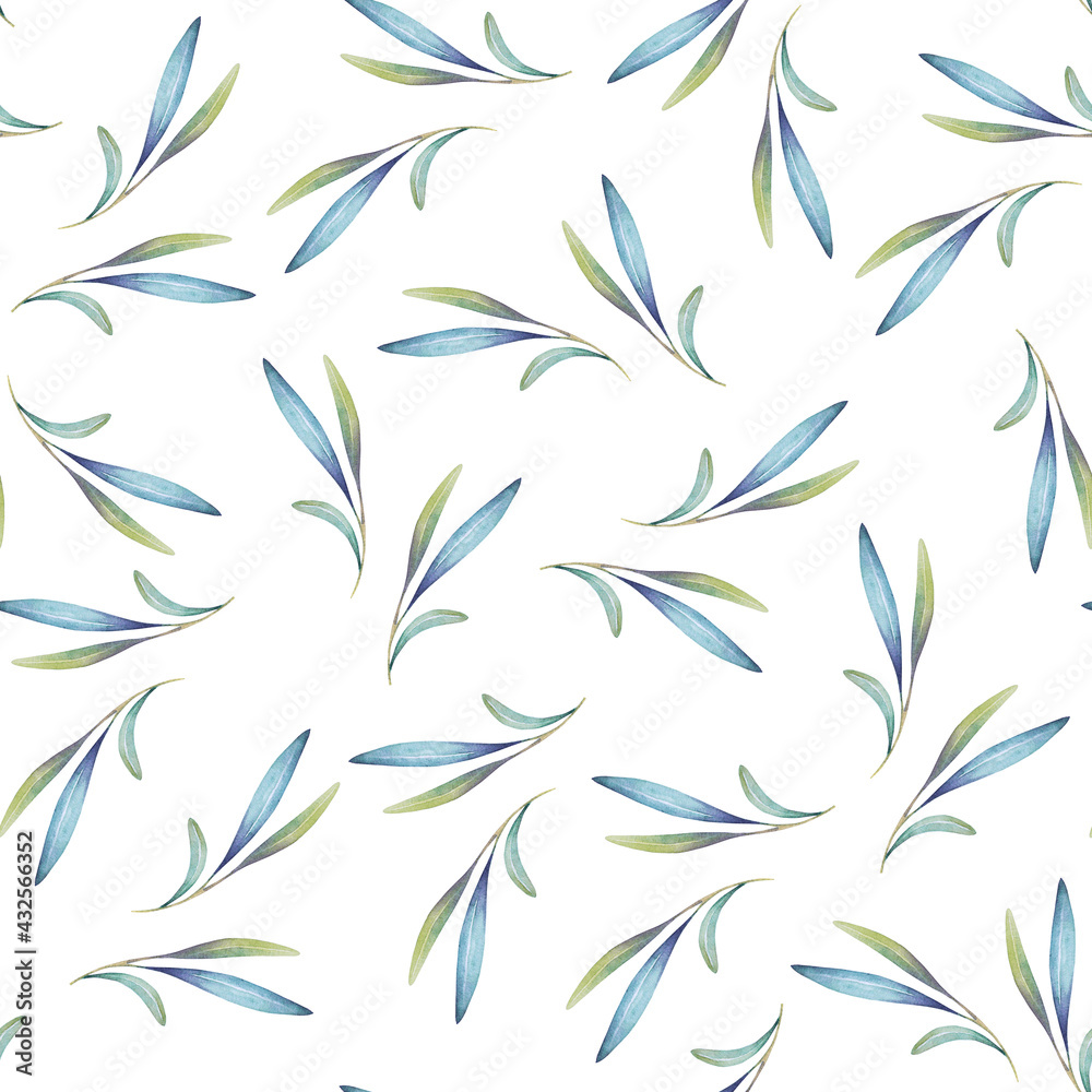 Naklejka premium Blue and green leaves, watercolor seamless pattern for scrapbooking, print, paper, white background