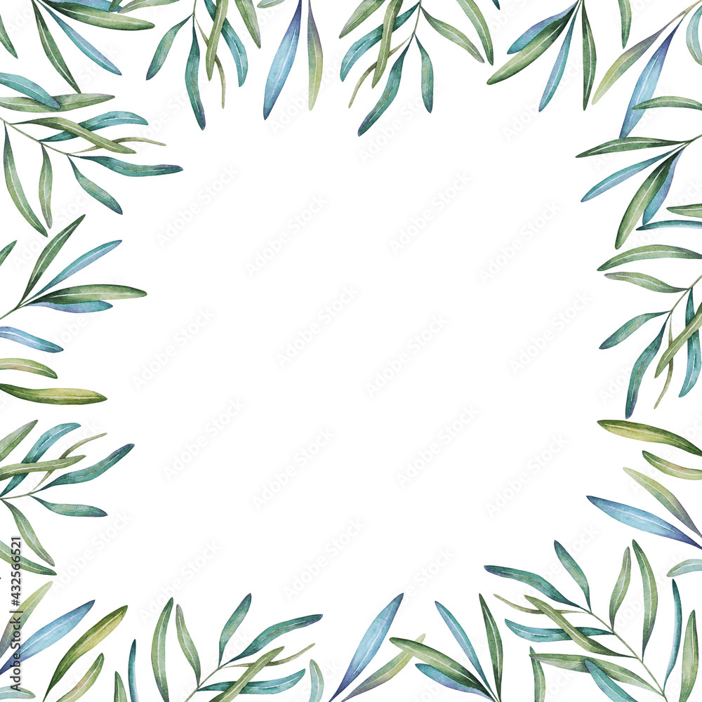 Fototapeta premium Square frame of branch, leaves. Template for text. Watercolor illustration for greeting cards, printing, wedding