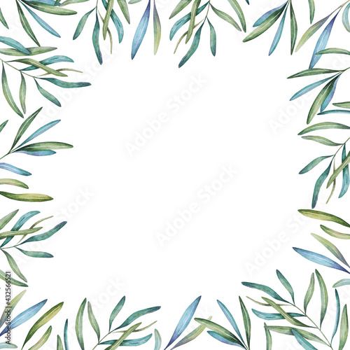 Fototapeta Naklejka Na Ścianę i Meble -  Square frame of branch, leaves. Template for text. Watercolor illustration for greeting cards, printing, wedding