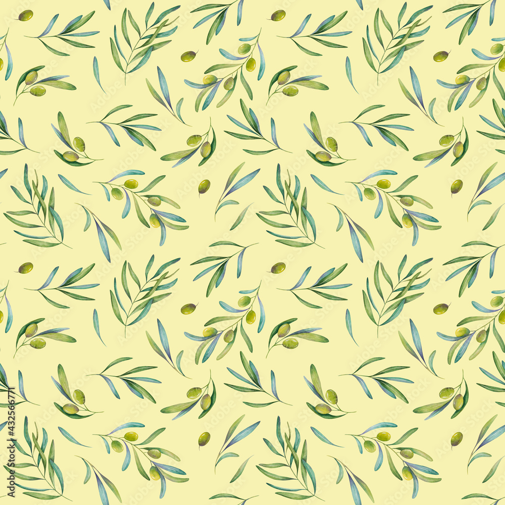 Fototapeta premium Watercolor seamless pattern of green leaves, olive and branch, for print, scrapbooking