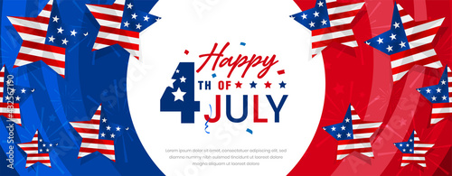 Happy 4th of July USA independence day celebration design with confetti and stars on red and blue circular abstract background with elements of star shaped American flag. 