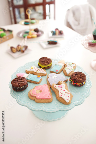 Close up image of assorted colorful cakes and biscuits