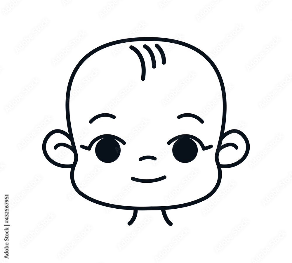 Obraz premium Baby head lines black and white flat. Vector logo baby newborn in cartoon child style. Isolated funny clipart kids on a white background. Cute print