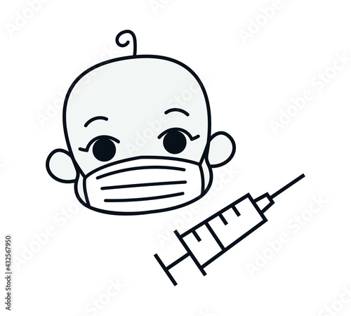 Child in a surgical mask and syringe black and white outline. Healing mask protect against viruses. Kids character logo. Face mask. Newborn in a protective bandage. Coronavirus pandemic, covid-19 flat
