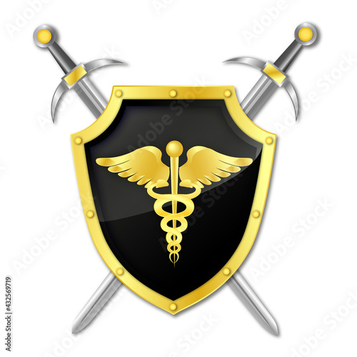 Protection shield and swords with rod of mercury. On guard of health 