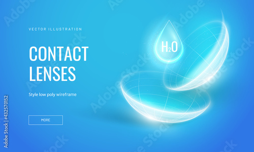 Eye contact lens blocks ultraviolet radiation. The force shield resists external influences. Wireframe lens structure in glowing polygonal style, vector illustration