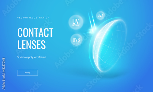 Eye contact lens blocks ultraviolet radiation. The force shield resists external influences. Wireframe lens structure in glowing polygonal style, vector illustration