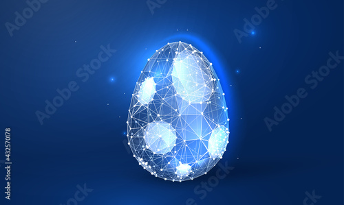 Easter egg in a futuristic digital style on a blue background. Concept for a congratulatory postcard. Vector illustration of an egg with decoration