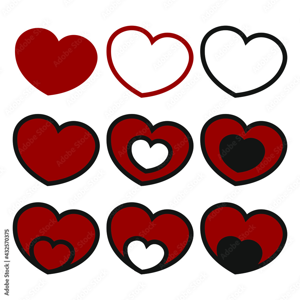 Vector set of deep red hearts with black outline. Isolated elements on white background. Best for seamless patterns, posters, stickers and your design. Vector set of deep red hearts with black outline. Isolated elements on white background. Best for seamless patterns, posters, stickers and your design.