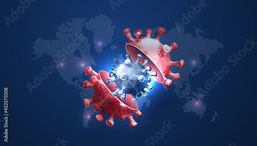 Mutating virus concept in a futuristic style on a dark background with DNA structure. Flu strain evolution, vector illustration in futuristic polygonal style