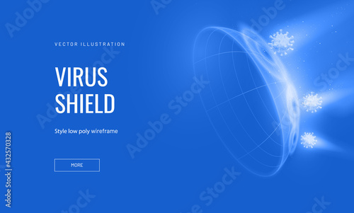 Bubble shield virus and infection protection vector illustration on a blue background. Security and immunity in the form of an energy shield in an abstract wireframe mesh style. 