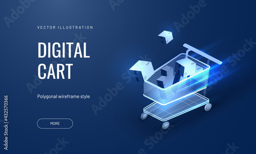 Digital online store in a futuristic luminous style. Retail innovation concept. Neon shopping cart with boxes, technology concept in logistics or supermarkets