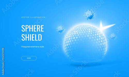 Dome shield geometric vector illustration on a blue background. Bubble shield futuristic for protection in an abstract glowing style. Landing page and cover in tech style