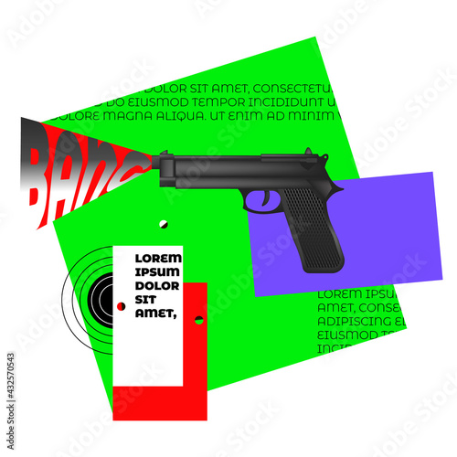 Black pistol short barreled small arms automatic. Abstract geometric background with shooting target and bullet holes. Concept of the 2nd Amendment, shooting gallery, police, detective, crime.