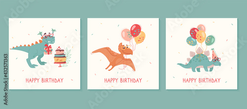 Happy birthday greeting cards set. Tyrannosaur rex, stegosaurus, pteranodon, Balloons, cakes, gifts. Funny dinosaurs on holiday cards for kids. Vector, cartoon style.