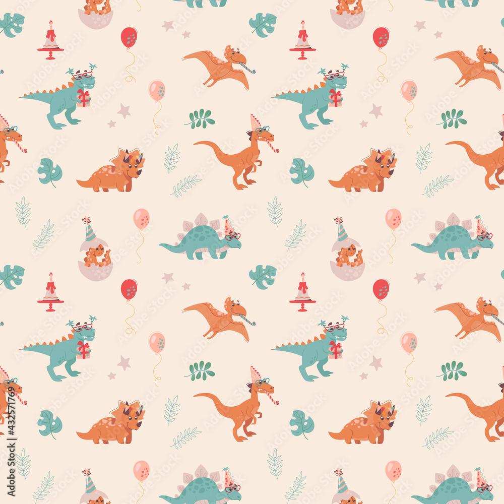 Festive seamless pattern with dinosaurs. Velocepator, triceraptor, stegosaurus, Pteranodon, and baby who just hatched from an egg. Balloons, cakes, foliage, stars. Cheerful vector background for child Festive seamless pattern with dinosaurs. Velocepator, triceraptor, stegosaurus, Pteranodon, and baby who just hatched from an egg. Balloons, cakes, foliage, stars. Cheerful vector background for child