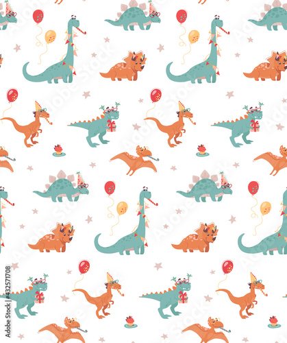 Festive seamless background with dinosaurs. Stegosaurus, Triceraptor and Brontosaurus, Tyrannosaurus Rex. Vector print, pattern on white background, cartoon style.