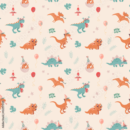Festive seamless pattern with dinosaurs. Velocepator, triceraptor, stegosaurus, Pteranodon, and baby who just hatched from an egg. Balloons, cakes, foliage, stars. Cheerful vector background for child