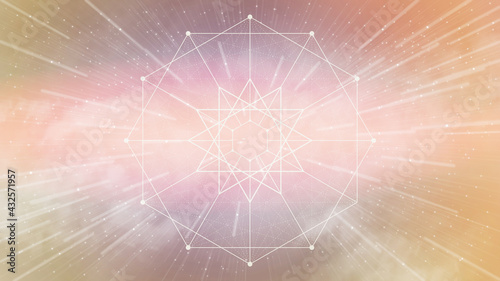 Sacred geometry dodecagram, dodecagon- fantasy pastel sky with clouds and stars - yellow, orange, white
