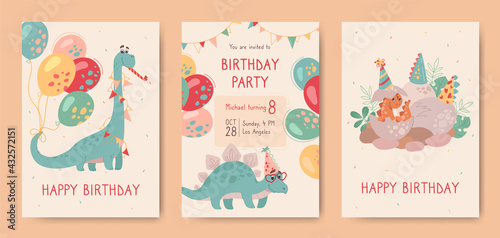 Happy birthday, postcards with dinosaurs and invitation to holiday. Stegosaurus, brontosaurus, and a small newborn dinosaur that hatched from an egg. Dinos on holiday cards for kids. Vector, cartoon.